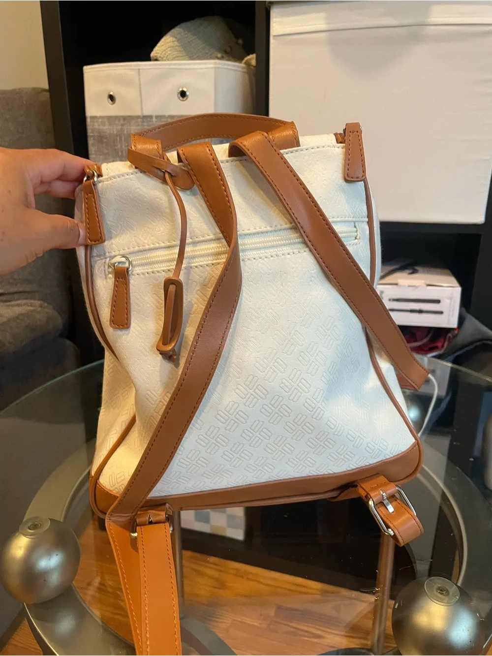 Canvas & Leather Trim Backpack - Cream with Pink Stripe
